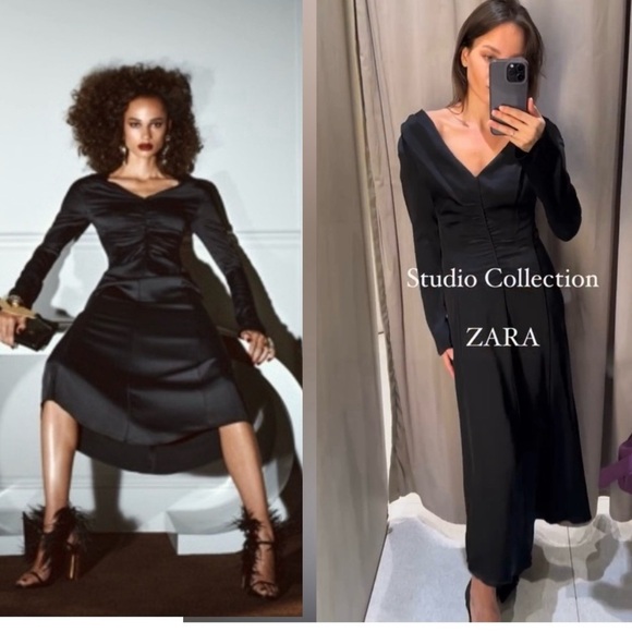 Zara Studio Collection limited edition black A-line V- neck pleated midi dress M - Picture 4 of 17